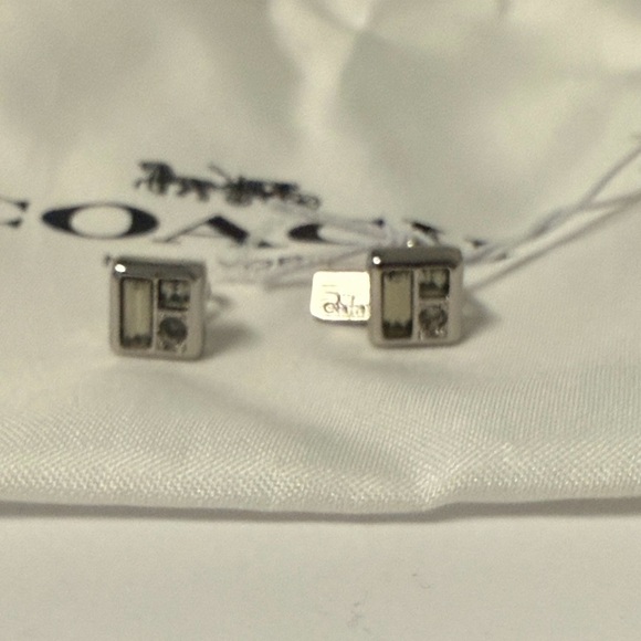 Coach Platinum Tone Geometric Crystal Stud Earrings | New with Dust Bag - Picture 2 of 6